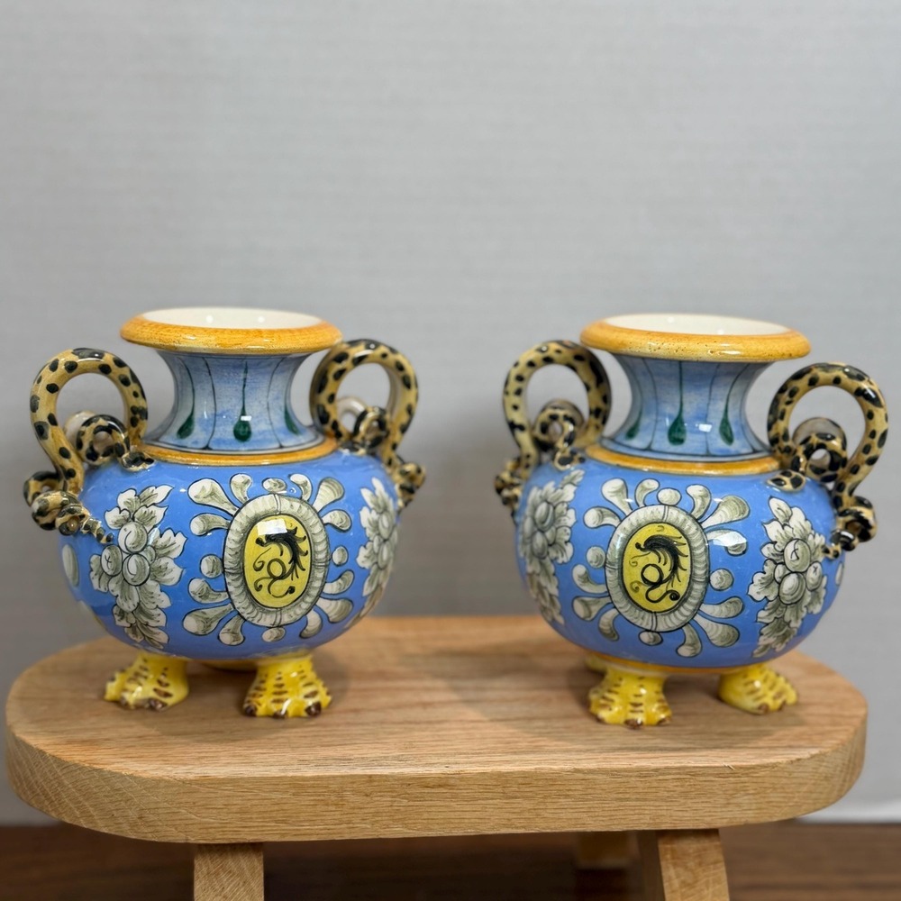 Italian Majolica Vases Hand Painted Deruta Style Ceramic Urns Dragon Handles Set
